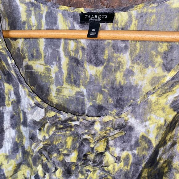 Talbots 100% Silk Green Gray Printed Ruffled Sleeveless Tank Top Women's Size 16 - Picture 4 of 6